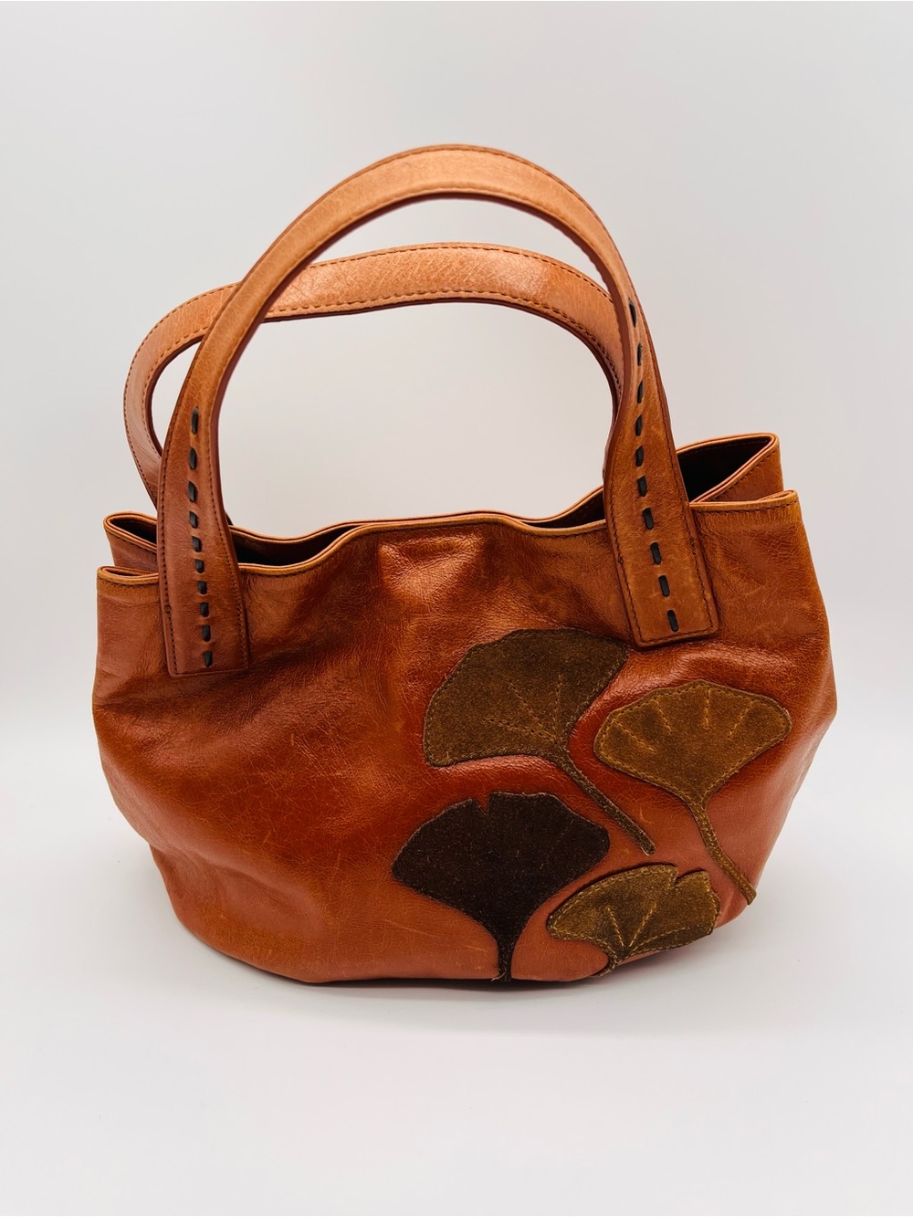 Reto Nordstrom Cognac Leather Shoulder Bag Suede Leaf Appliqués Hobo Bucket - Picture 3 of 11